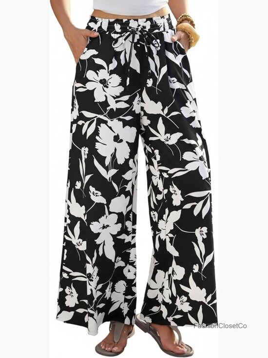Pants - Womens Palazzo Pants Boho Floral Wide Leg Pants High Waist with Pockets